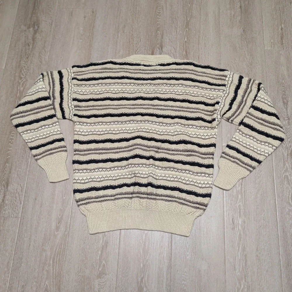 Vintage Stone Haven Mens Striped Textured Knit Ramie‎ Cotton Sweater Beige Large